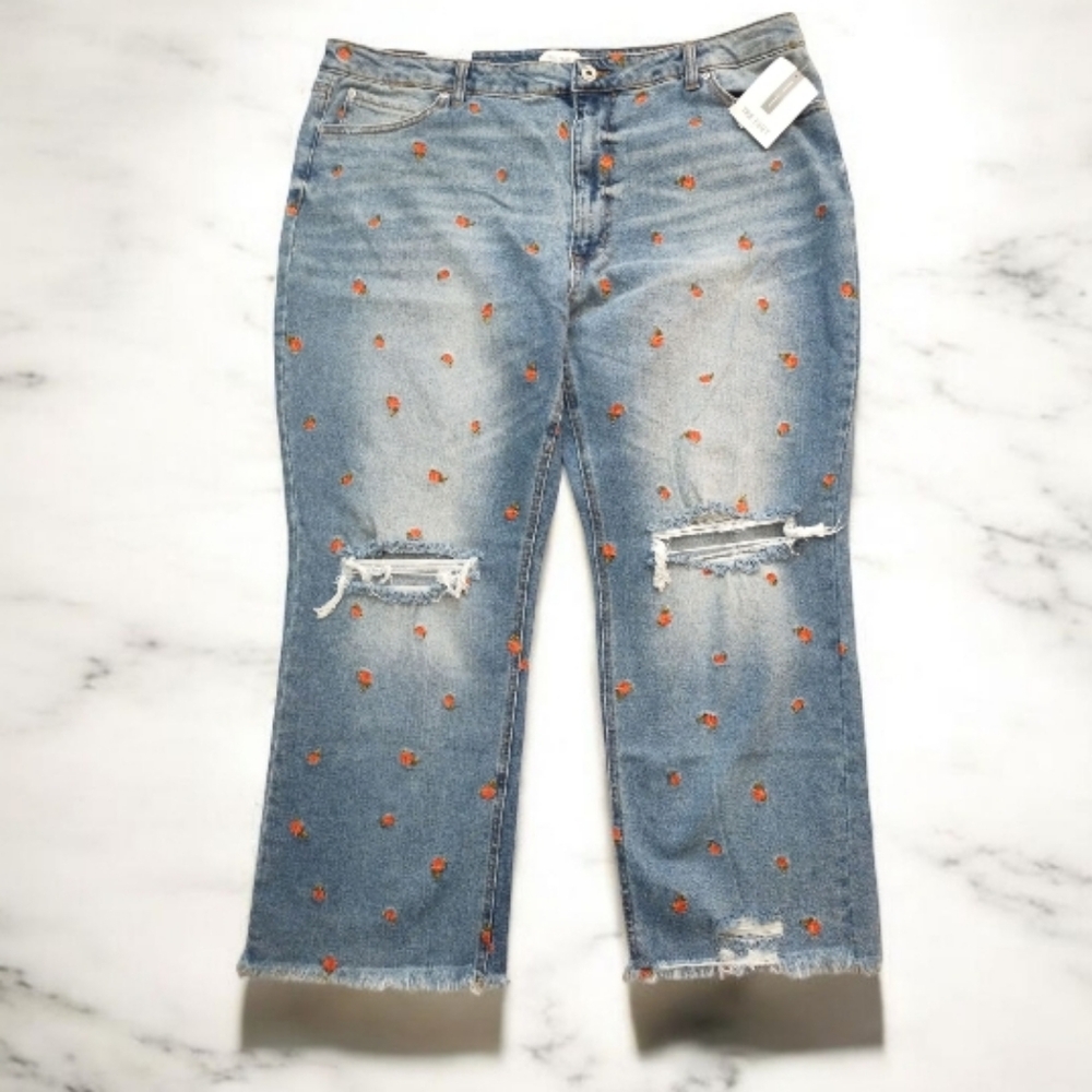 True Craft Jeans Plus Size 20WR Embroidered Flower High Rise Slim Crop Stretch